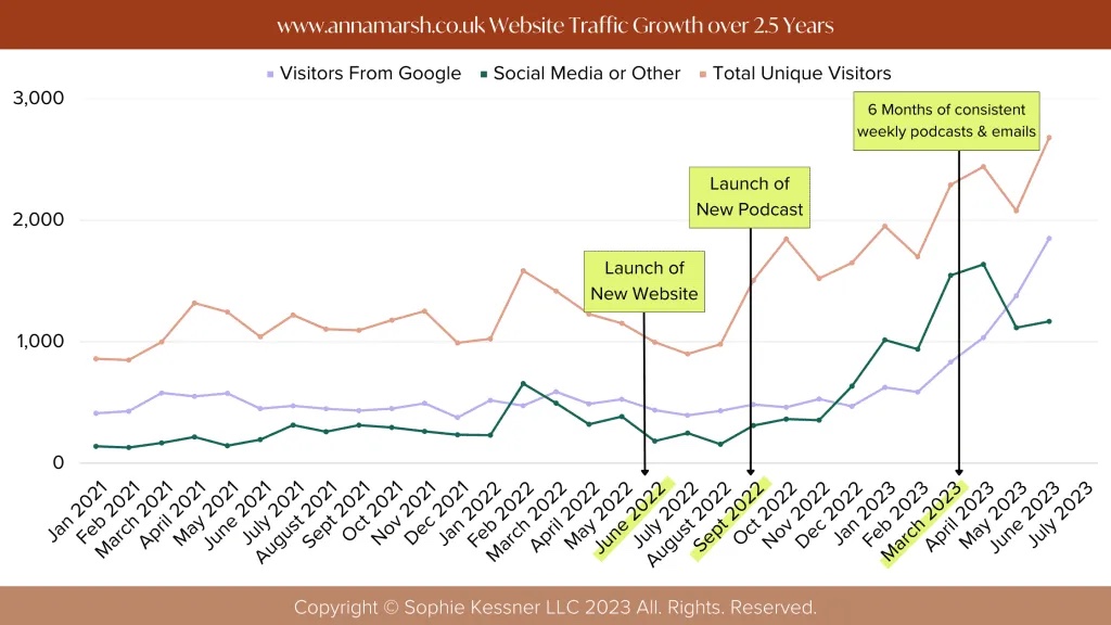 Monthly unique visitors growth for Anna Marsh website