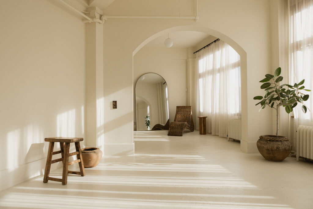 a room with a chair and a plant